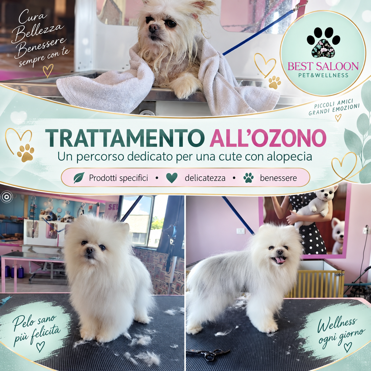 Cane con alopecia al salone Pet & Wellness di Faloppio, vicino a Mendrisio, per il trattamento cosmetico all’ozono